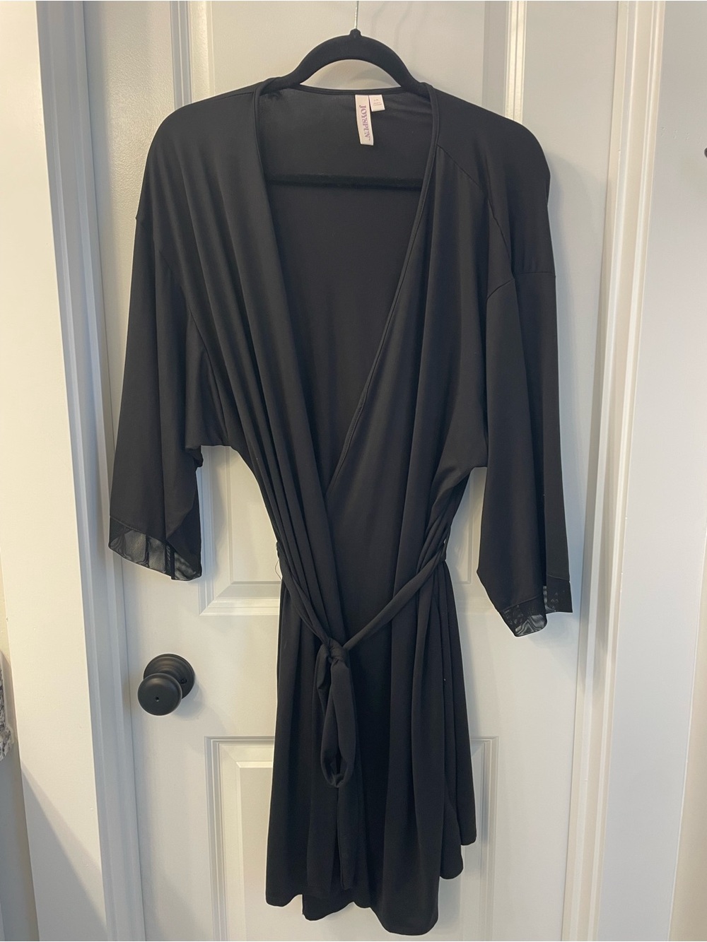 Black Satin-Trim Wrap Robe with Self Tie Belt